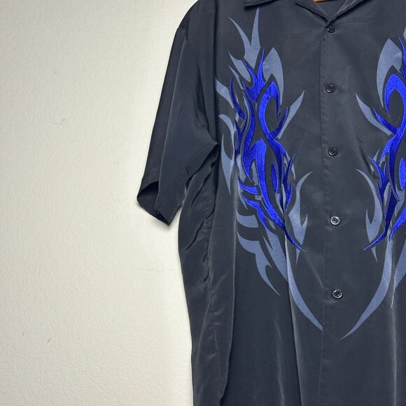 Dragonfly Men L Embroidered Y2K Western Tribal Pattern Blue Button Up Shirt Rock - Picture 8 of 12